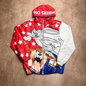 Members Only Looney Tunes Windbreaker Jacket Red White Blue Stars Zip Up Hooded